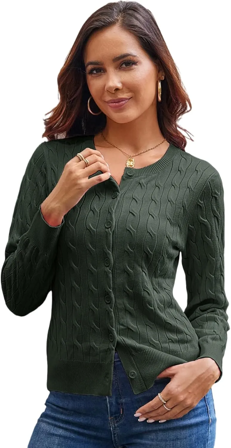 GRACE KARIN Women's Long Sleeve Button Up Cable Knit Cardigan Lightweight 2025 Crewneck Button Down Sweaters for Women