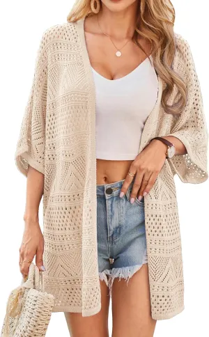 GRACE KARIN Womens Summer Short Sleeve Crochet Cardigan Sweaters Lightweight 2025 Oversized Knit Boho Kimono Cardigans