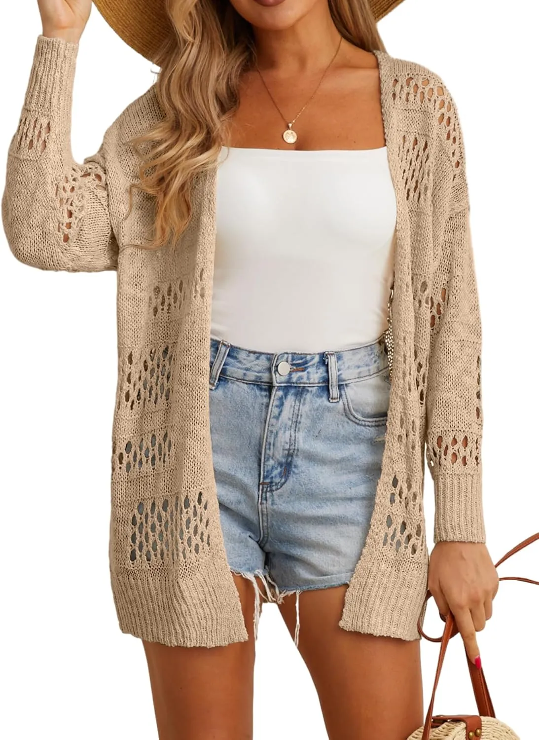 GRECERELLE 2025 Women Summer Crochet Boho Long Sleeve Lightweight Oversized Open Front Cardigan Sweaters Kimonos Tops