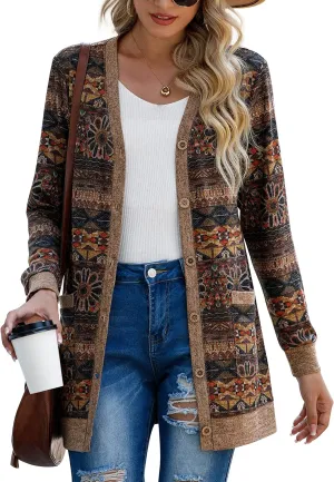 GRECERELLE Women's Long Sleeve Open Front Cardigan Button Down Ribbed Lightweight Knit Outerwear with Pocket