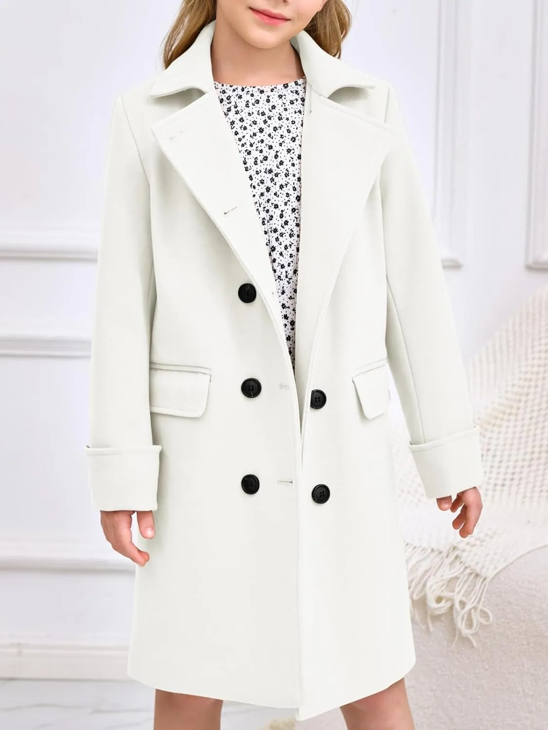 Haloumoning Girls Double Breasted Trench Coat Kids Notch Lapel Long Peacoat with Pockets 5-14 Years