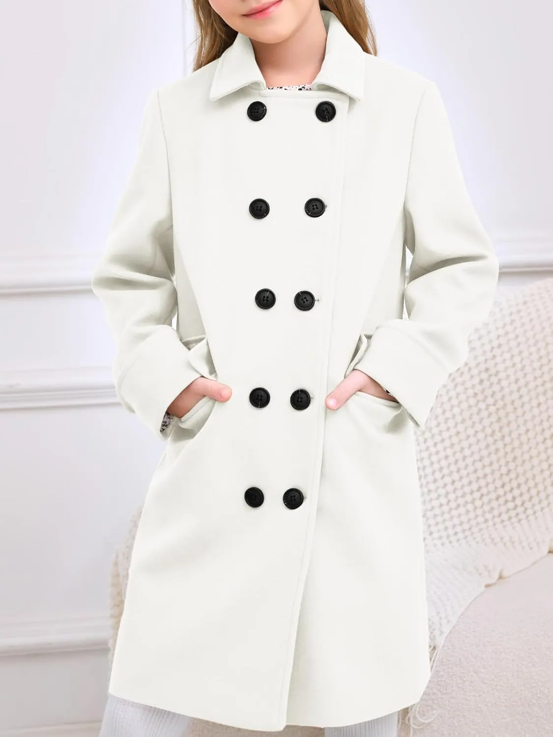 Haloumoning Girls Double Breasted Trench Coat Kids Notch Lapel Long Peacoat with Pockets 5-14 Years