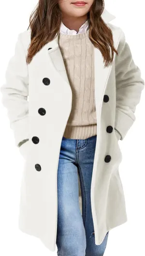 Haloumoning Girls Double Breasted Trench Coat Kids Notch Lapel Long Peacoat with Pockets 5-14 Years