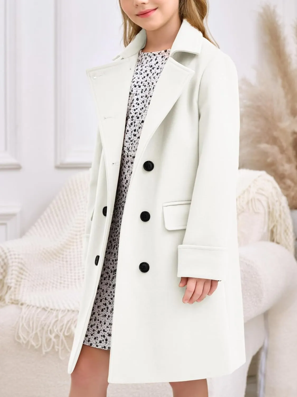 Haloumoning Girls Double Breasted Trench Coat Kids Notch Lapel Long Peacoat with Pockets 5-14 Years