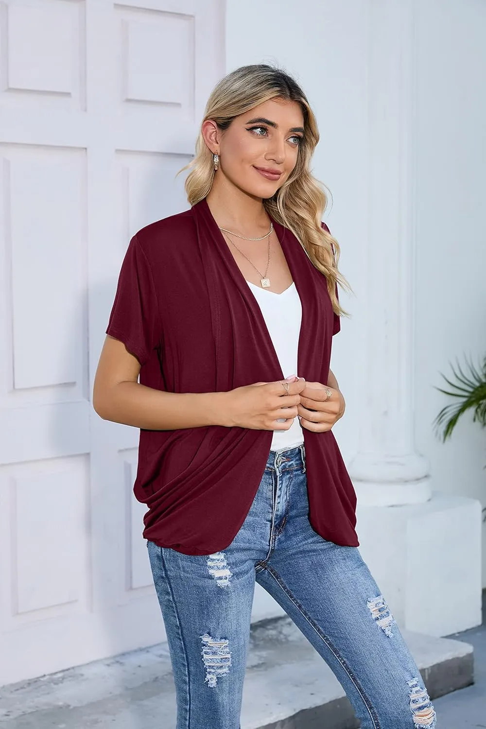 HIYIYEZI Open Front Cardigan Sweaters for Women with Pockets Lightweight Short Sleeve Ruffle Front Kimono Cardigan Duster