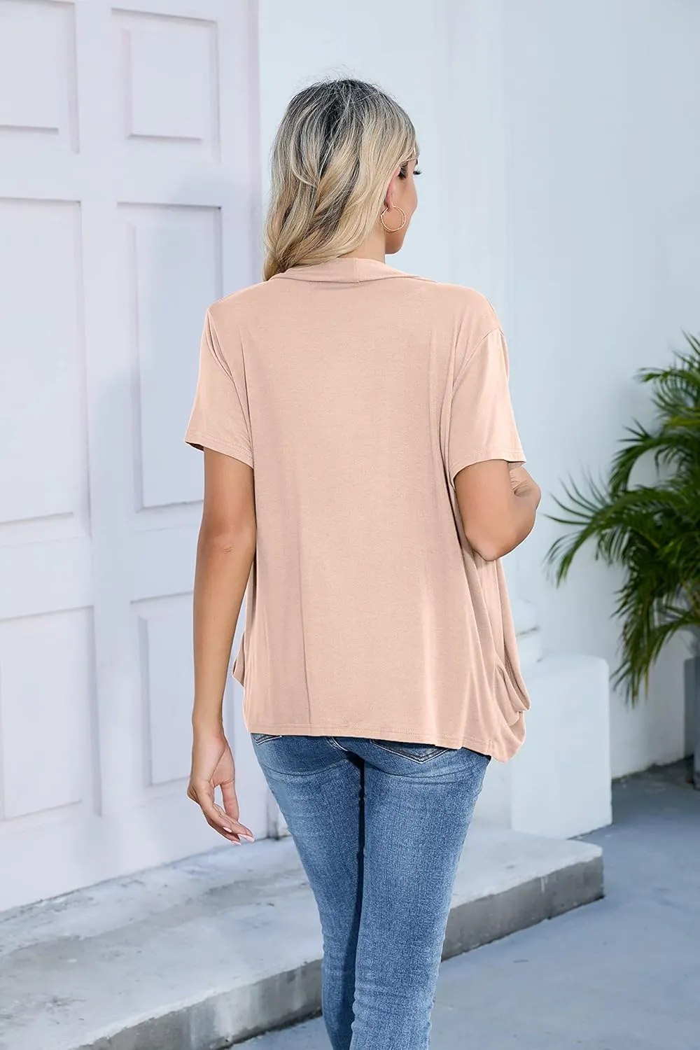 HIYIYEZI Open Front Cardigan Sweaters for Women with Pockets Lightweight Short Sleeve Ruffle Front Kimono Cardigan Duster