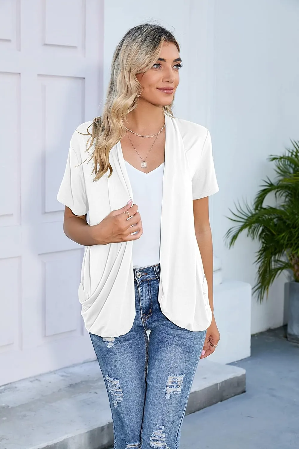 HIYIYEZI Open Front Cardigan Sweaters for Women with Pockets Lightweight Short Sleeve Ruffle Front Kimono Cardigan Duster