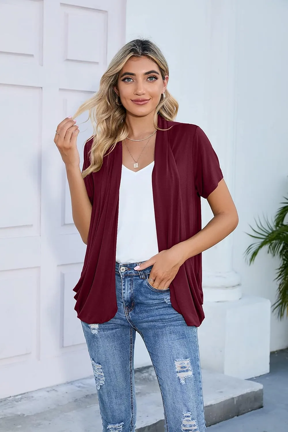 HIYIYEZI Open Front Cardigan Sweaters for Women with Pockets Lightweight Short Sleeve Ruffle Front Kimono Cardigan Duster
