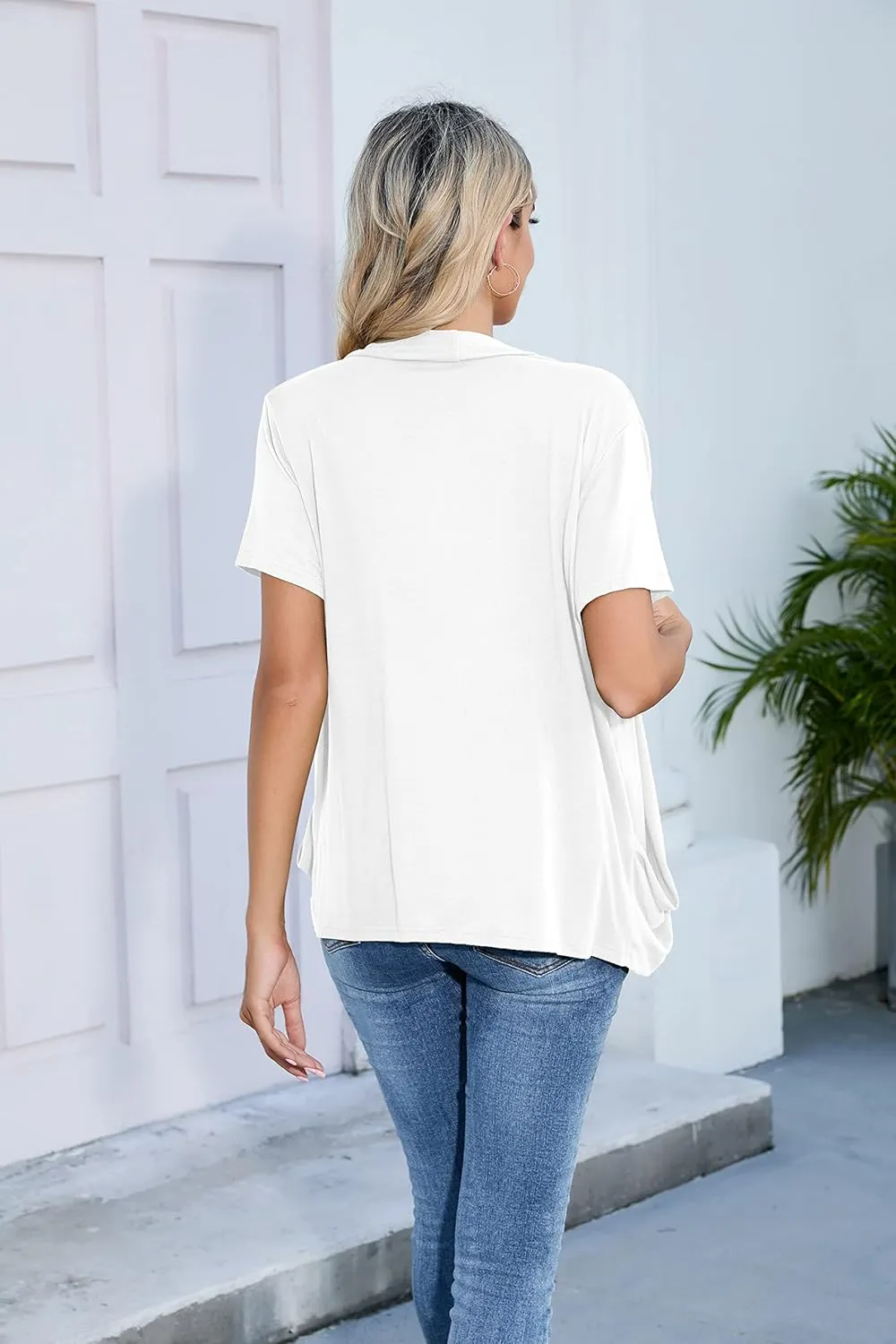 HIYIYEZI Open Front Cardigan Sweaters for Women with Pockets Lightweight Short Sleeve Ruffle Front Kimono Cardigan Duster