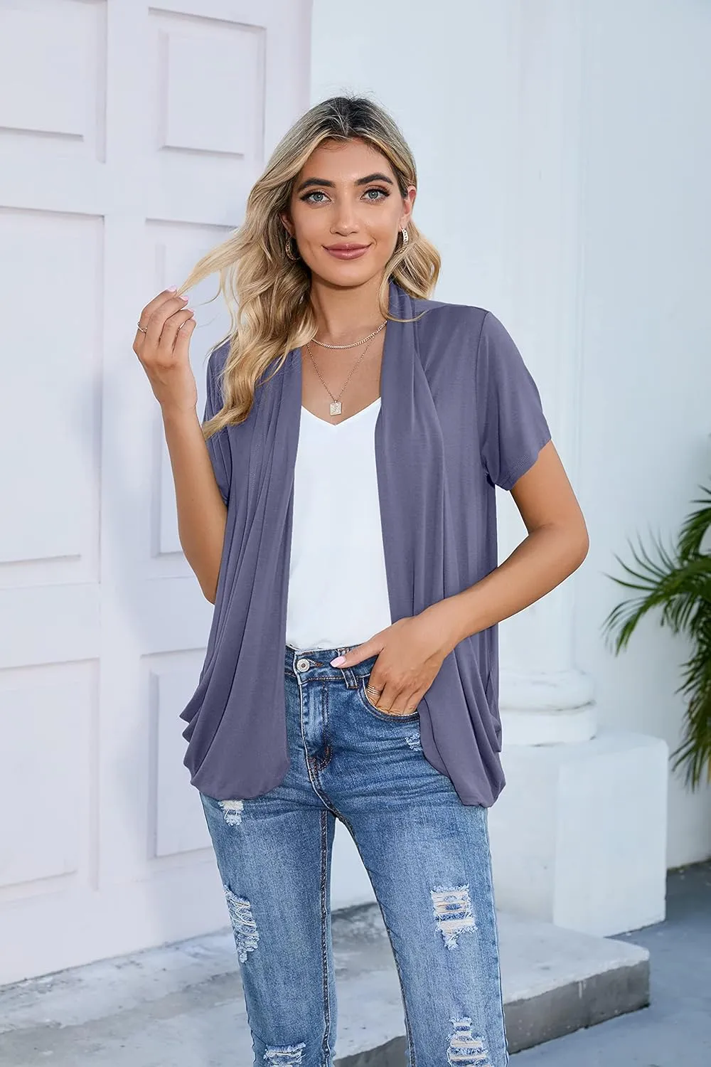 HIYIYEZI Open Front Cardigan Sweaters for Women with Pockets Lightweight Short Sleeve Ruffle Front Kimono Cardigan Duster