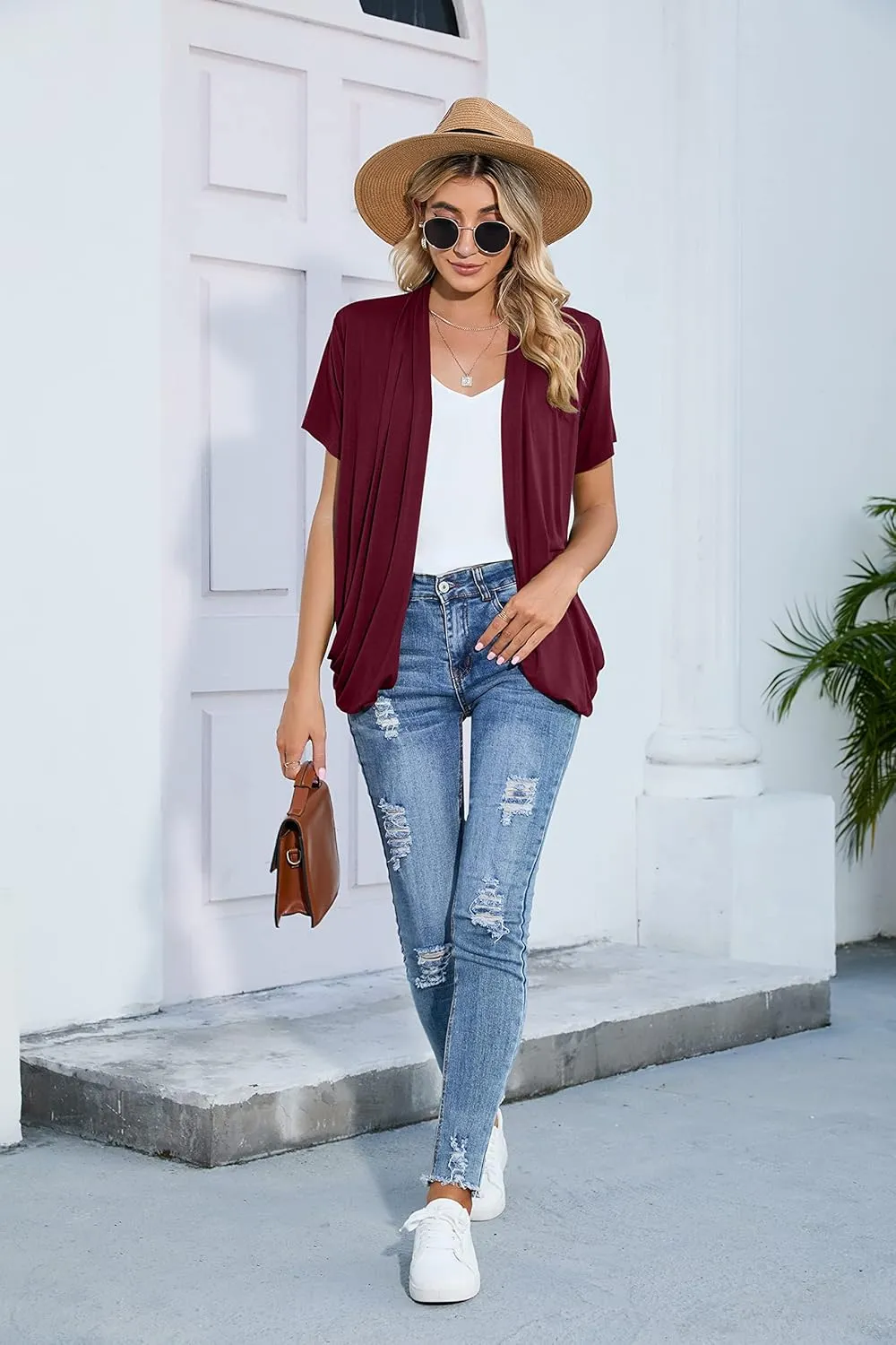 HIYIYEZI Open Front Cardigan Sweaters for Women with Pockets Lightweight Short Sleeve Ruffle Front Kimono Cardigan Duster