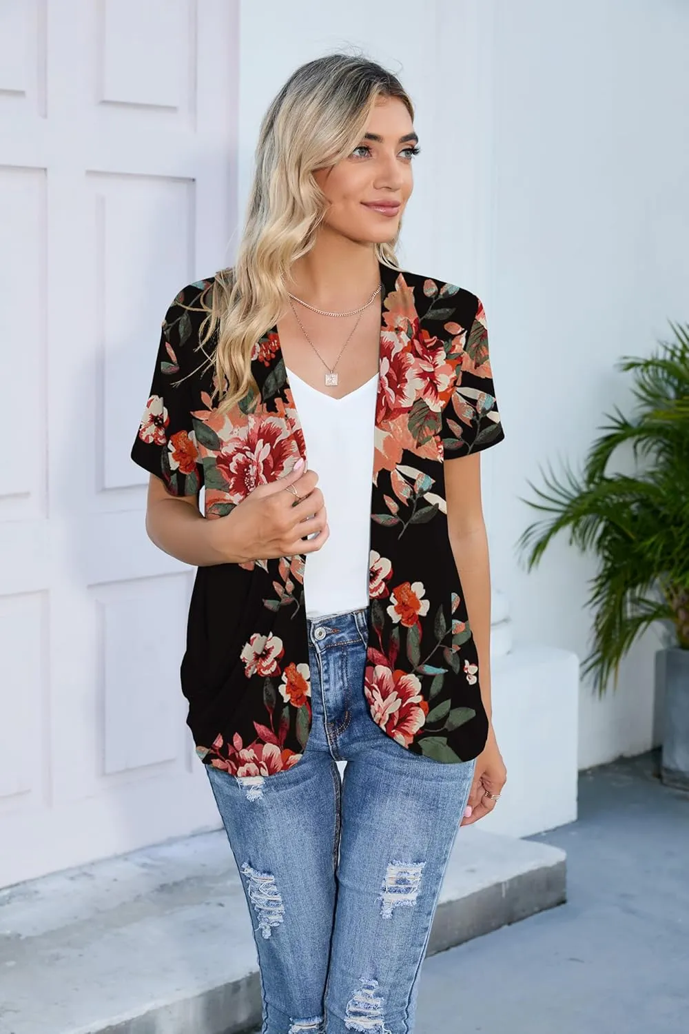 HIYIYEZI Open Front Cardigan Sweaters for Women with Pockets Lightweight Short Sleeve Ruffle Front Kimono Cardigan Duster