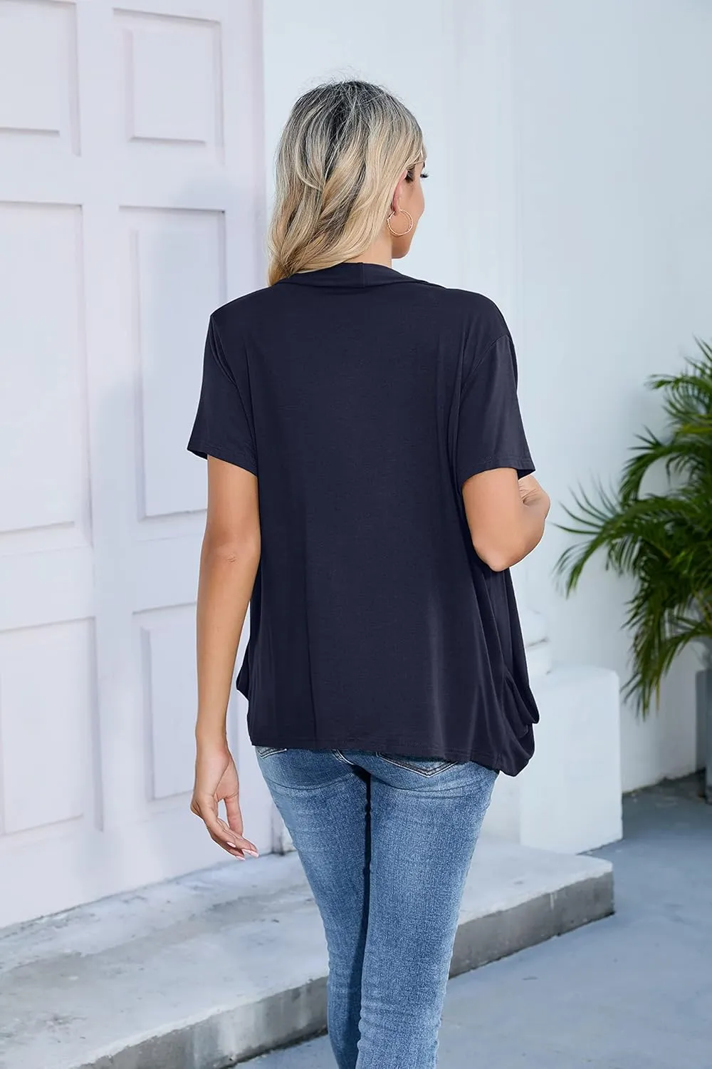 HIYIYEZI Open Front Cardigan Sweaters for Women with Pockets Lightweight Short Sleeve Ruffle Front Kimono Cardigan Duster