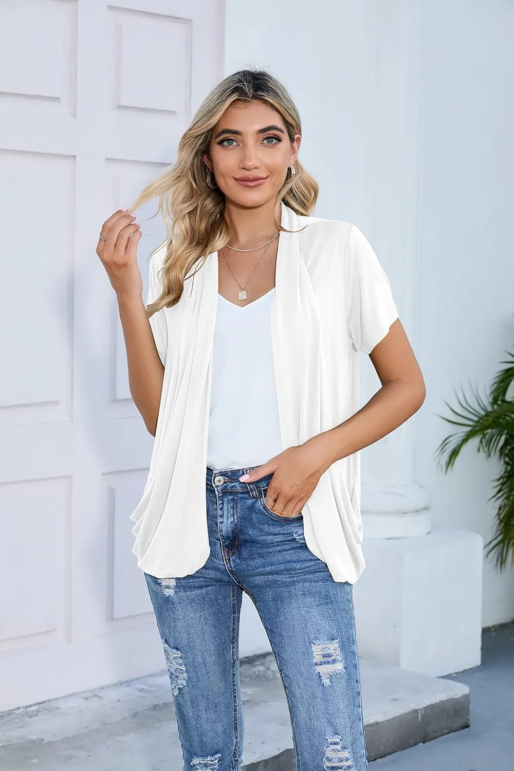 HIYIYEZI Open Front Cardigan Sweaters for Women with Pockets Lightweight Short Sleeve Ruffle Front Kimono Cardigan Duster