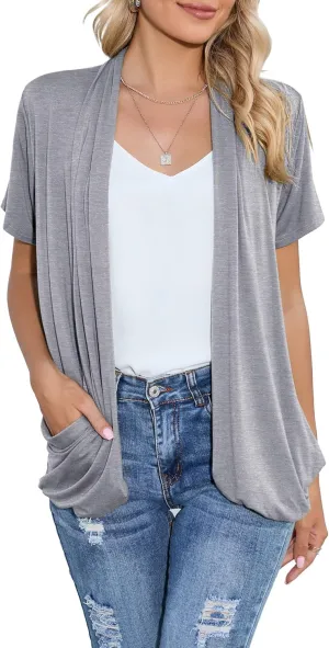 HIYIYEZI Open Front Cardigan Sweaters for Women with Pockets Lightweight Short Sleeve Ruffle Front Kimono Cardigan Duster