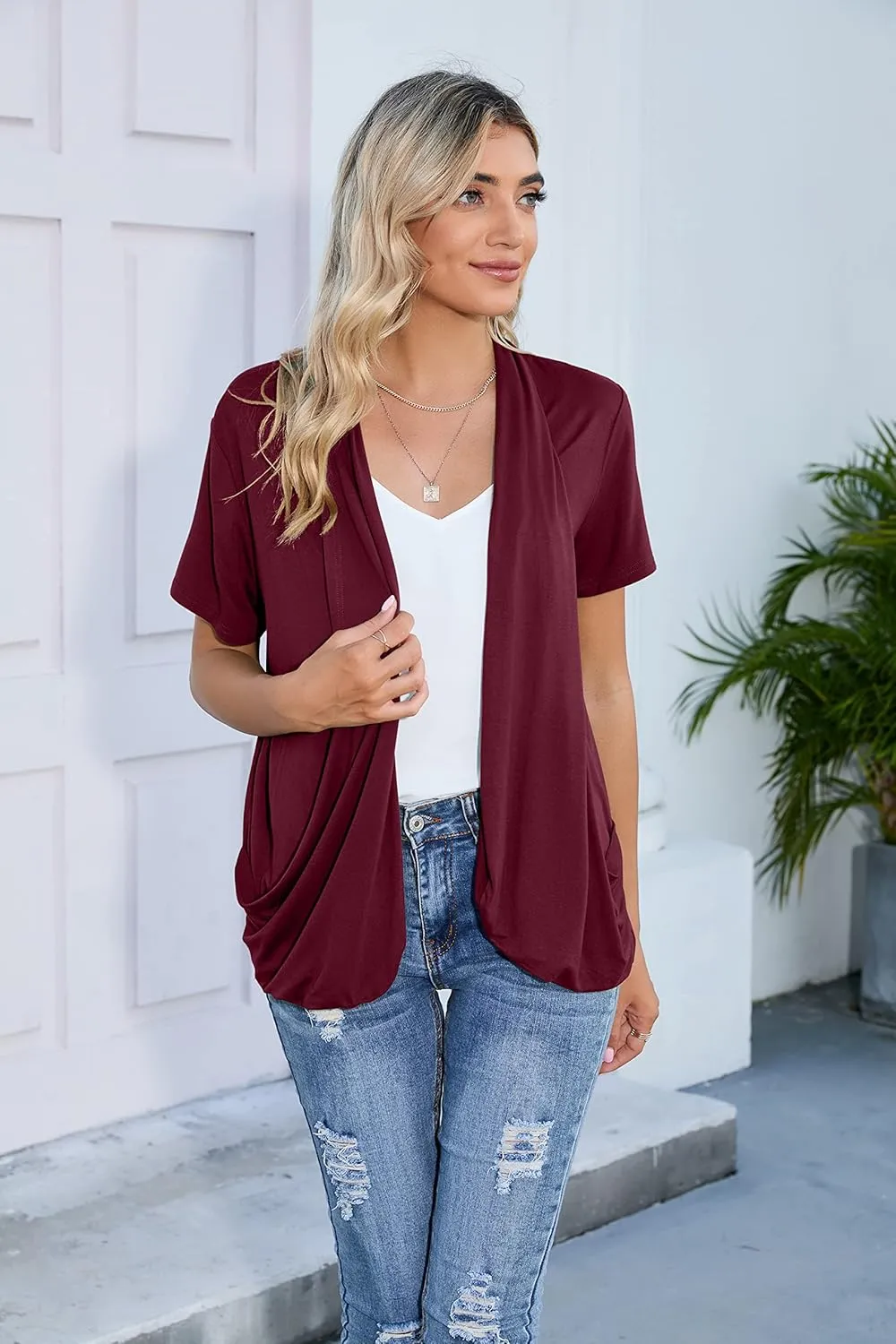 HIYIYEZI Open Front Cardigan Sweaters for Women with Pockets Lightweight Short Sleeve Ruffle Front Kimono Cardigan Duster