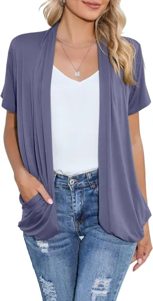 HIYIYEZI Open Front Cardigan Sweaters for Women with Pockets Lightweight Short Sleeve Ruffle Front Kimono Cardigan Duster