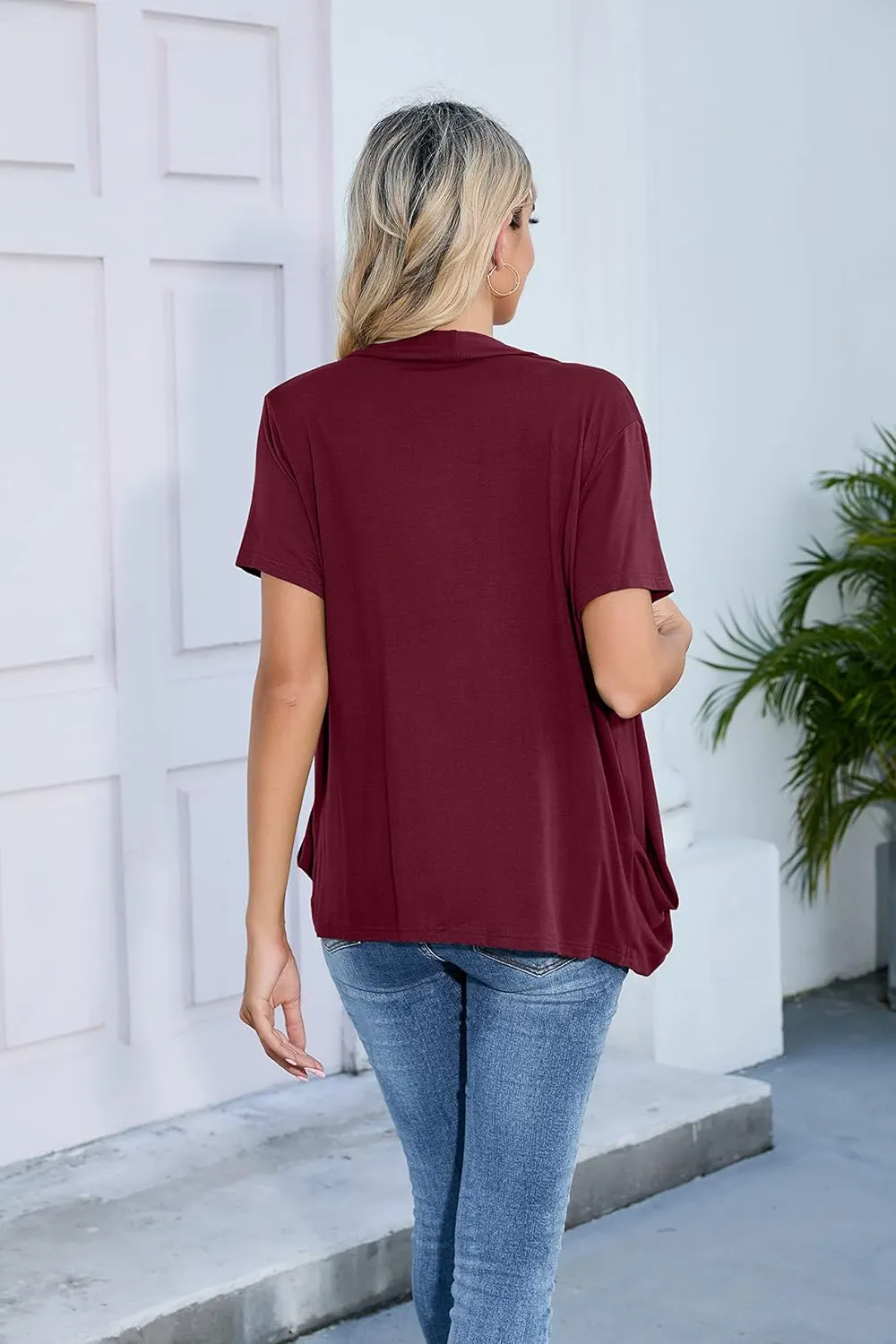 HIYIYEZI Open Front Cardigan Sweaters for Women with Pockets Lightweight Short Sleeve Ruffle Front Kimono Cardigan Duster