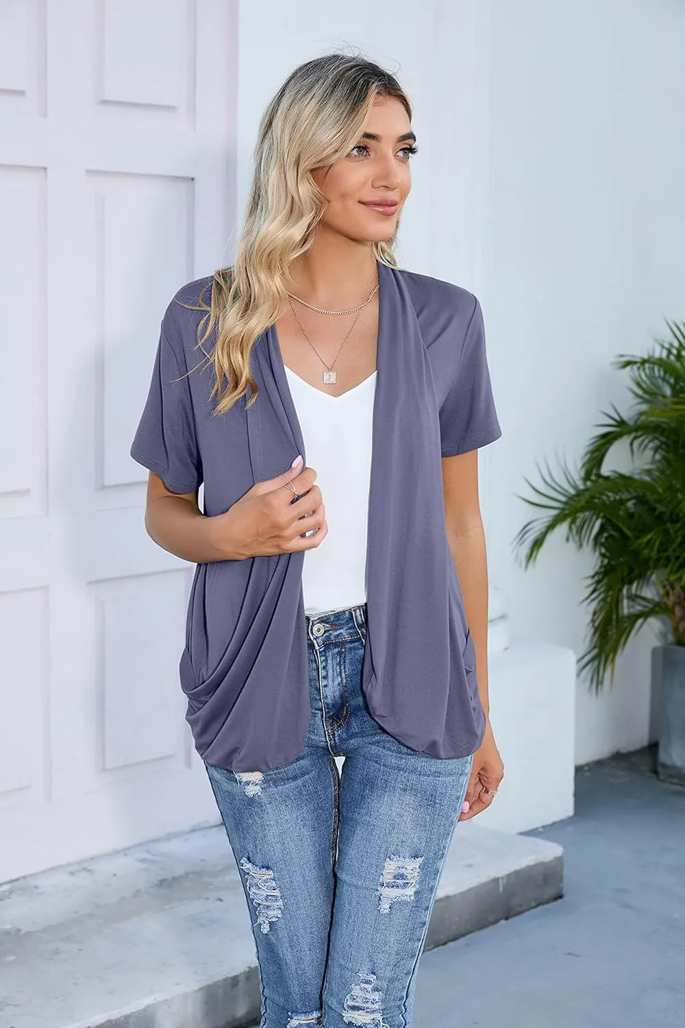 HIYIYEZI Open Front Cardigan Sweaters for Women with Pockets Lightweight Short Sleeve Ruffle Front Kimono Cardigan Duster