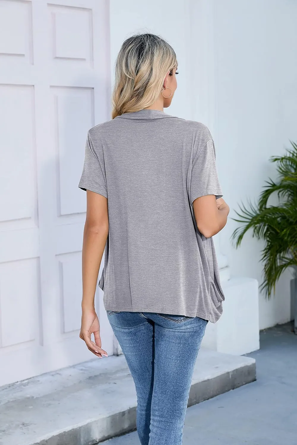 HIYIYEZI Open Front Cardigan Sweaters for Women with Pockets Lightweight Short Sleeve Ruffle Front Kimono Cardigan Duster