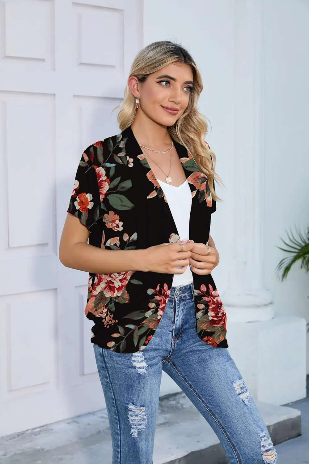 HIYIYEZI Open Front Cardigan Sweaters for Women with Pockets Lightweight Short Sleeve Ruffle Front Kimono Cardigan Duster