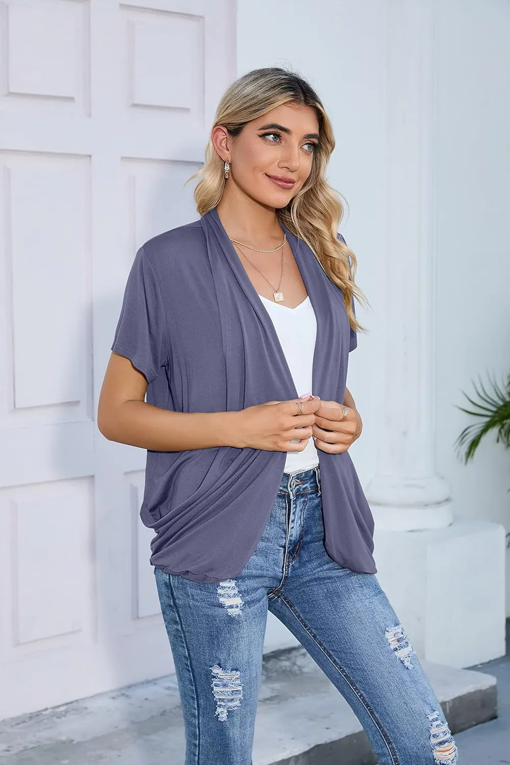 HIYIYEZI Open Front Cardigan Sweaters for Women with Pockets Lightweight Short Sleeve Ruffle Front Kimono Cardigan Duster