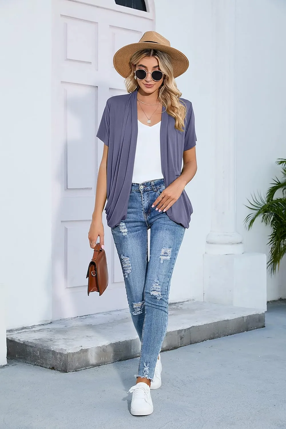 HIYIYEZI Open Front Cardigan Sweaters for Women with Pockets Lightweight Short Sleeve Ruffle Front Kimono Cardigan Duster