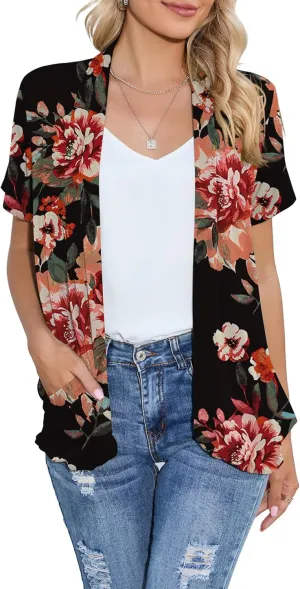 HIYIYEZI Open Front Cardigan Sweaters for Women with Pockets Lightweight Short Sleeve Ruffle Front Kimono Cardigan Duster