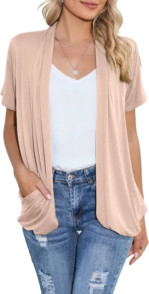 HIYIYEZI Open Front Cardigan Sweaters for Women with Pockets Lightweight Short Sleeve Ruffle Front Kimono Cardigan Duster