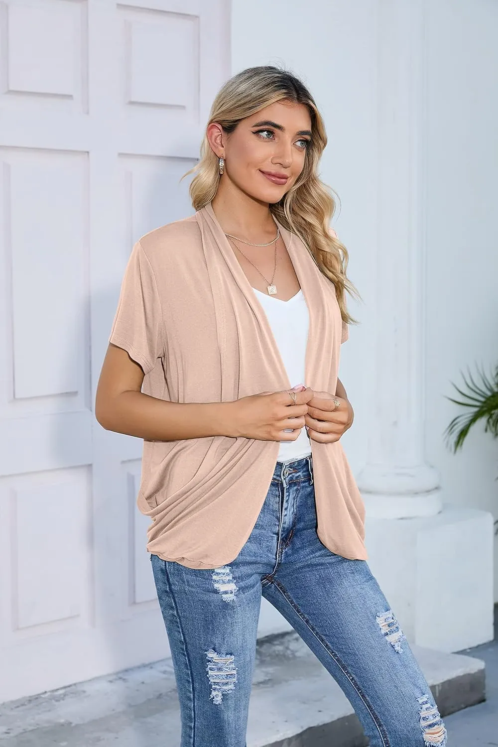 HIYIYEZI Open Front Cardigan Sweaters for Women with Pockets Lightweight Short Sleeve Ruffle Front Kimono Cardigan Duster