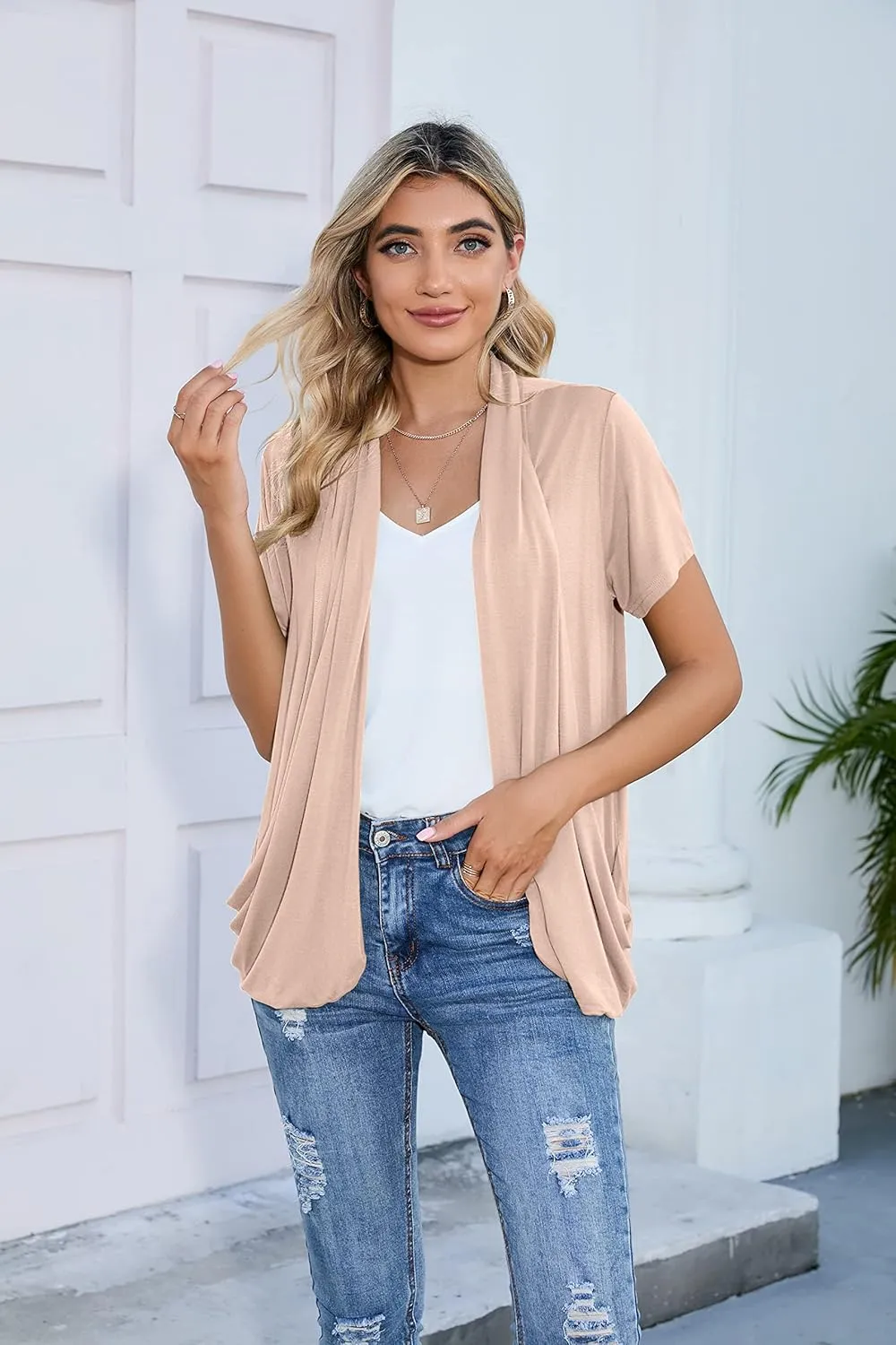 HIYIYEZI Open Front Cardigan Sweaters for Women with Pockets Lightweight Short Sleeve Ruffle Front Kimono Cardigan Duster