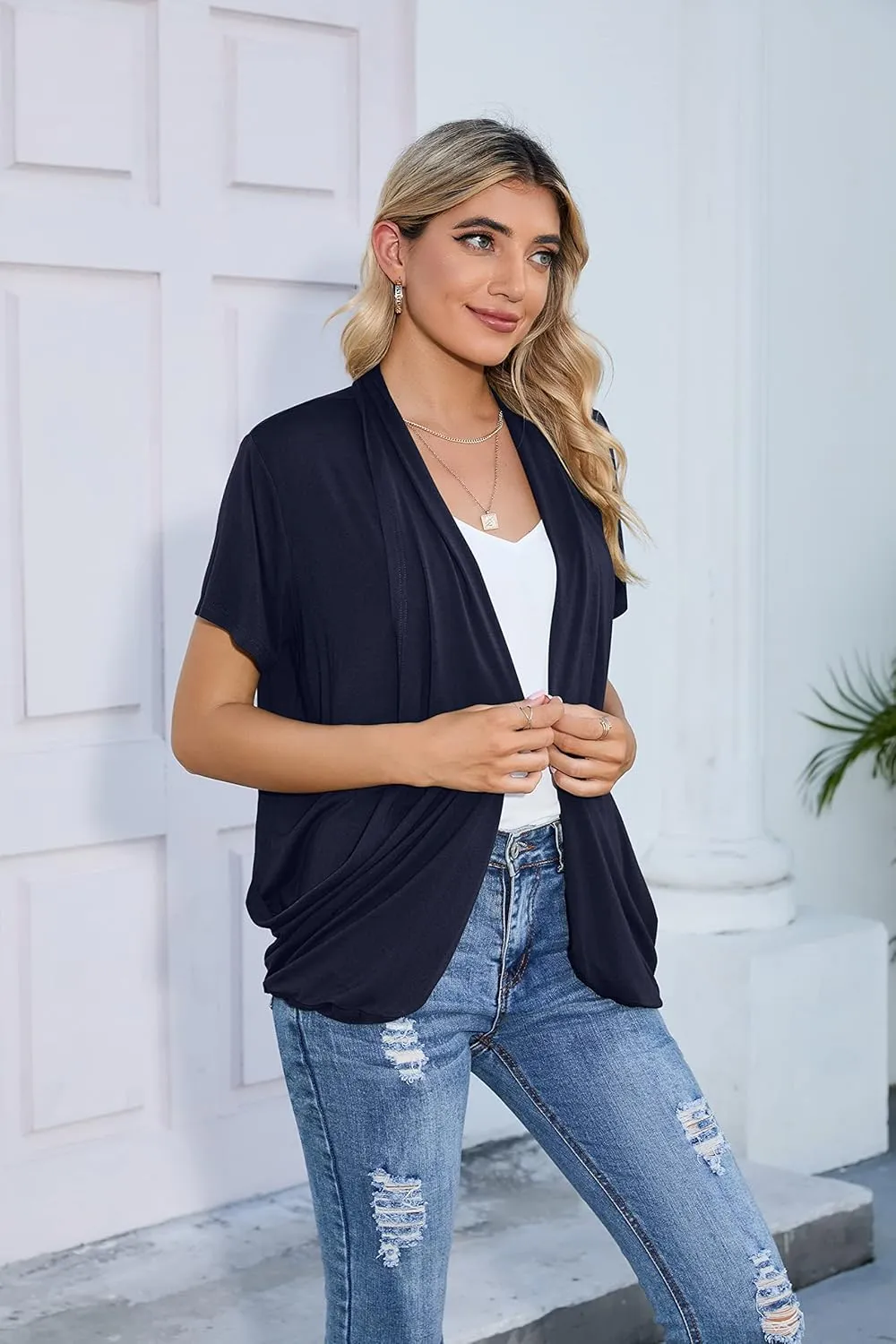 HIYIYEZI Open Front Cardigan Sweaters for Women with Pockets Lightweight Short Sleeve Ruffle Front Kimono Cardigan Duster