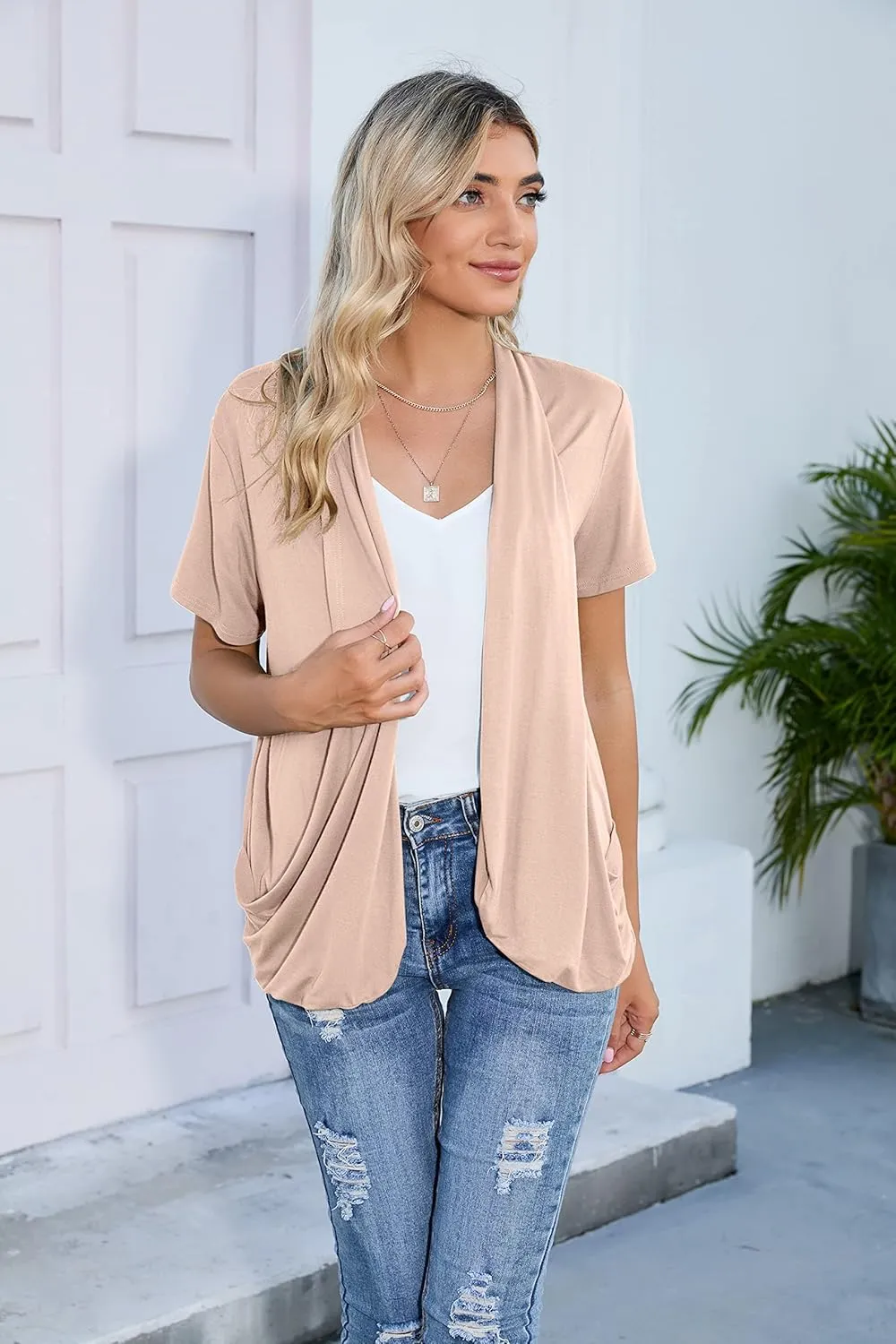 HIYIYEZI Open Front Cardigan Sweaters for Women with Pockets Lightweight Short Sleeve Ruffle Front Kimono Cardigan Duster