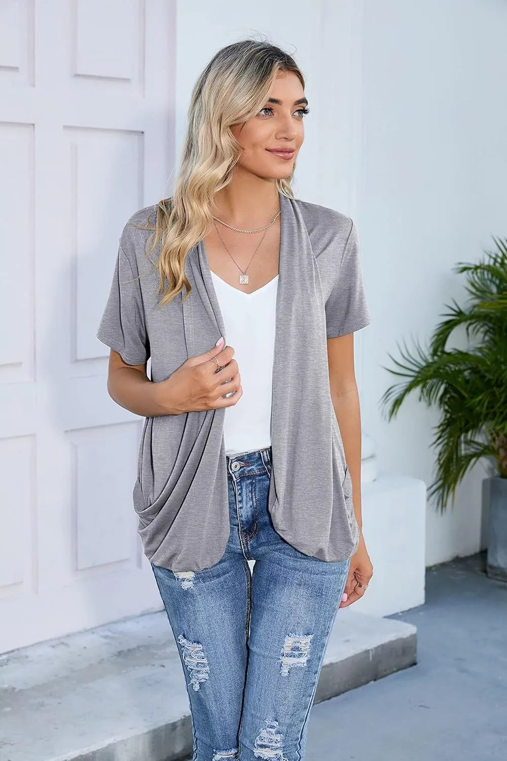 HIYIYEZI Open Front Cardigan Sweaters for Women with Pockets Lightweight Short Sleeve Ruffle Front Kimono Cardigan Duster