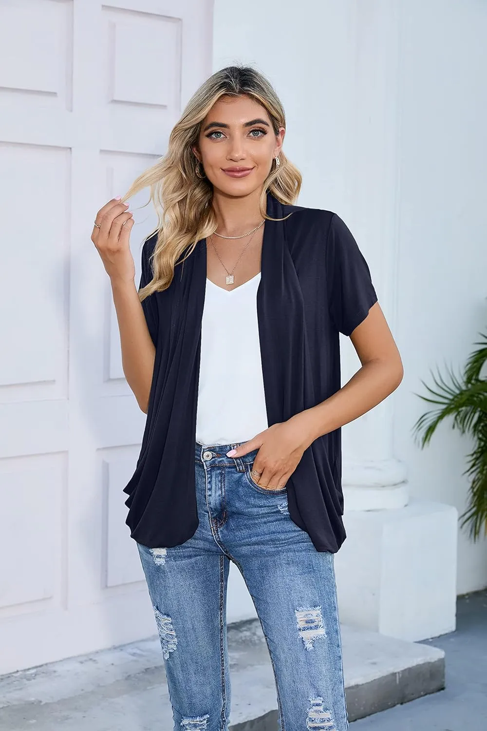HIYIYEZI Open Front Cardigan Sweaters for Women with Pockets Lightweight Short Sleeve Ruffle Front Kimono Cardigan Duster