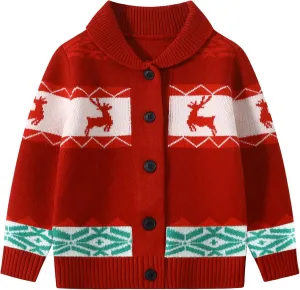 Kids Boys Girls Christmas Cardigans Ugly Xmas Sweaters Reindeer Snowflake Shawl Collar Knitted Cardigan Sweater