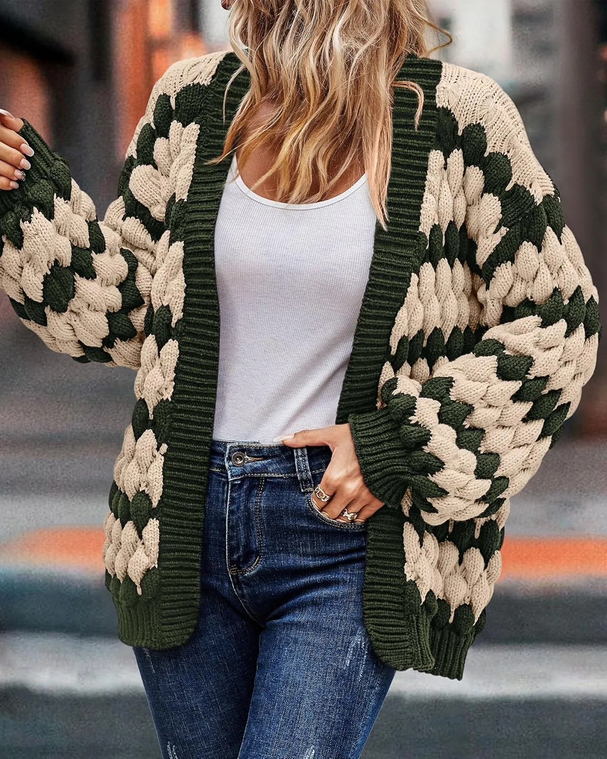 KIRUNDO Womens Cardigan Fall Fashion Lantern Sleeve Open Front Striped Color Block Loose Cable Knit Winter Sweater Coats