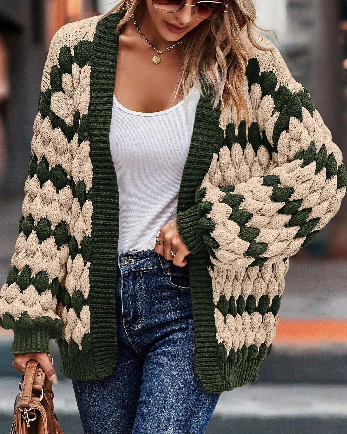 KIRUNDO Womens Cardigan Fall Fashion Lantern Sleeve Open Front Striped Color Block Loose Cable Knit Winter Sweater Coats