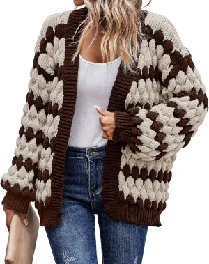 KIRUNDO Womens Cardigan Fall Fashion Lantern Sleeve Open Front Striped Color Block Loose Cable Knit Winter Sweater Coats