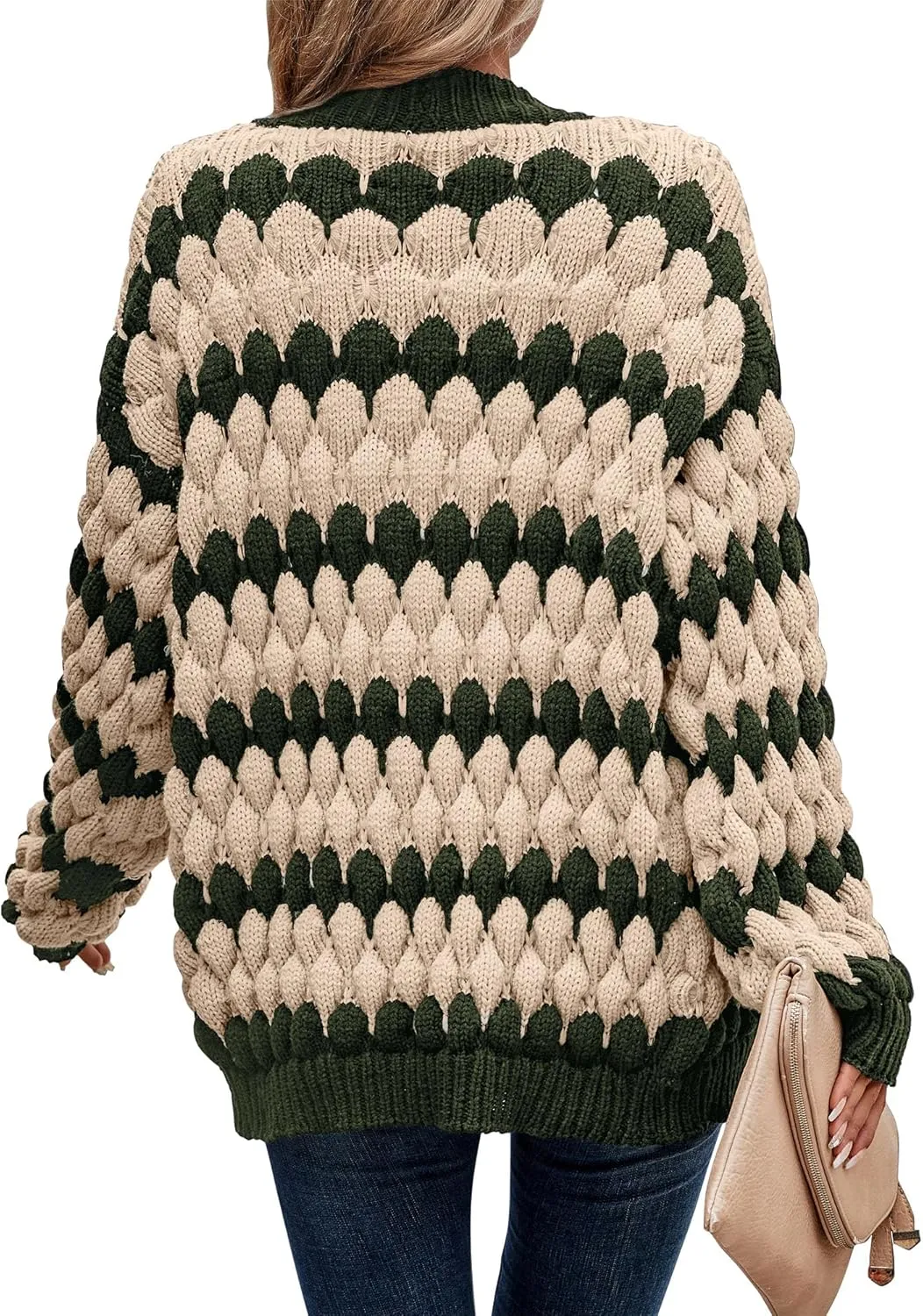KIRUNDO Womens Cardigan Fall Fashion Lantern Sleeve Open Front Striped Color Block Loose Cable Knit Winter Sweater Coats