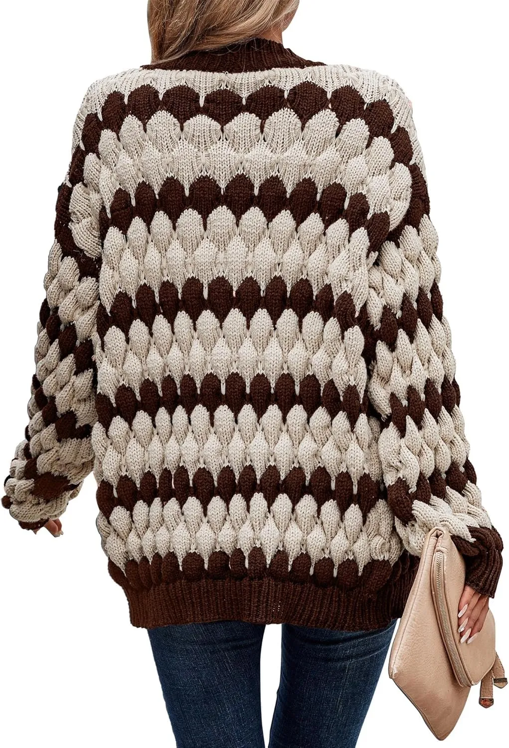 KIRUNDO Womens Cardigan Fall Fashion Lantern Sleeve Open Front Striped Color Block Loose Cable Knit Winter Sweater Coats