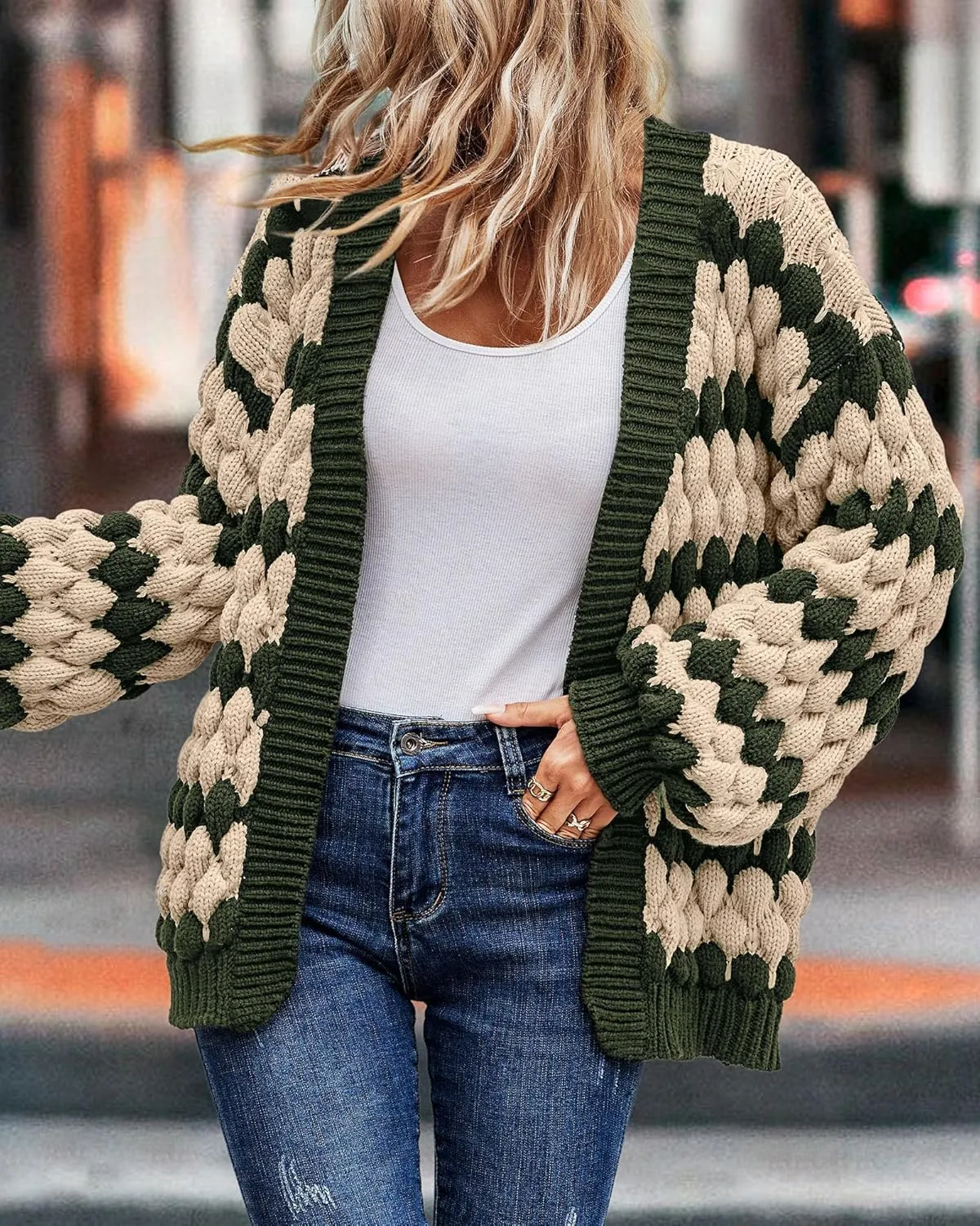 KIRUNDO Womens Cardigan Fall Fashion Lantern Sleeve Open Front Striped Color Block Loose Cable Knit Winter Sweater Coats