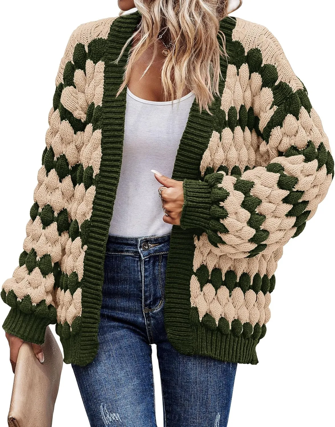 KIRUNDO Womens Cardigan Fall Fashion Lantern Sleeve Open Front Striped Color Block Loose Cable Knit Winter Sweater Coats
