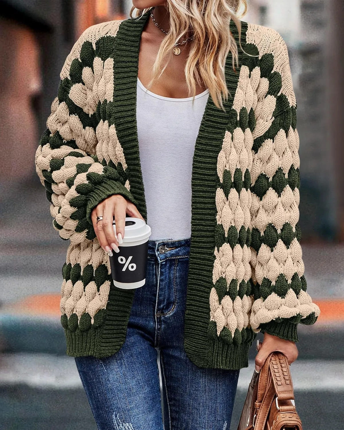 KIRUNDO Womens Cardigan Fall Fashion Lantern Sleeve Open Front Striped Color Block Loose Cable Knit Winter Sweater Coats
