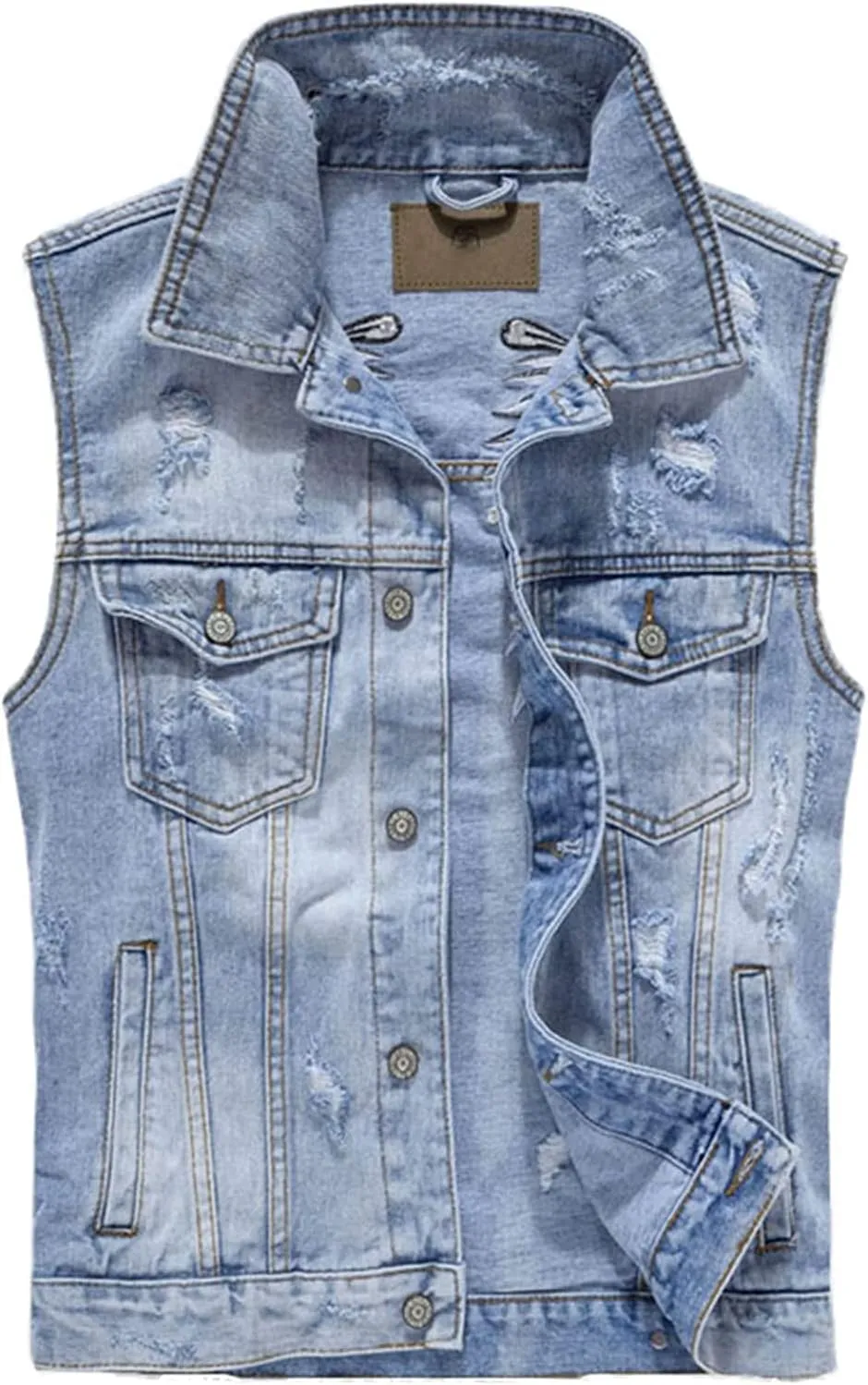 Lazutom Men's Cowboy Punk Denim Vest Distressed Sleeveless Jeans Vest Waistcoat