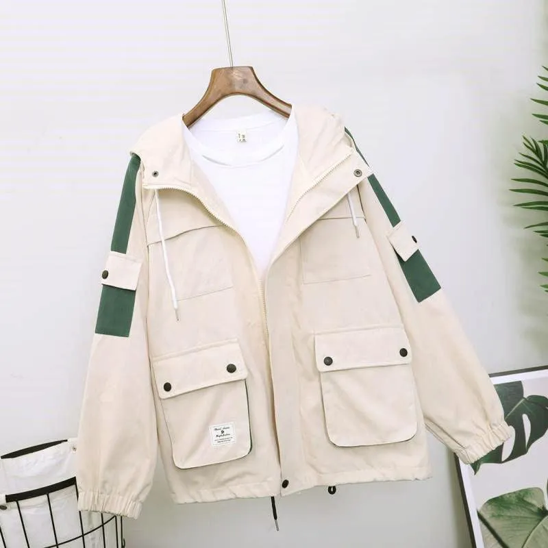 Loose Hooded Color Matching Workwear Ins Jacket