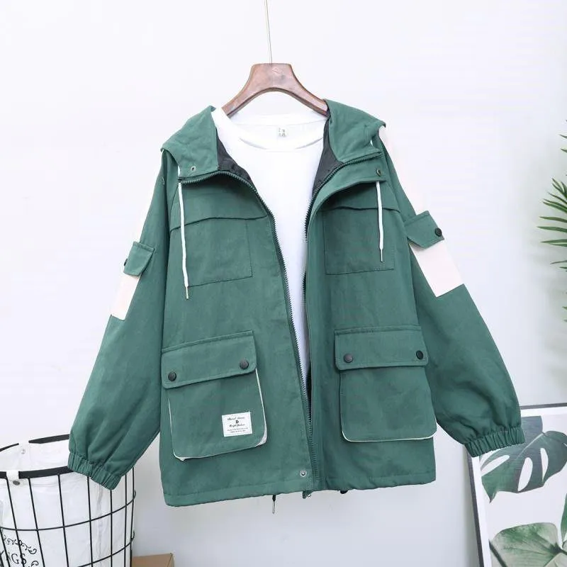 Loose Hooded Color Matching Workwear Ins Jacket