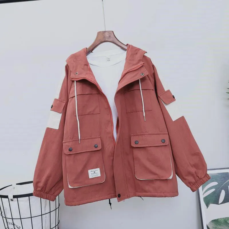 Loose Hooded Color Matching Workwear Ins Jacket