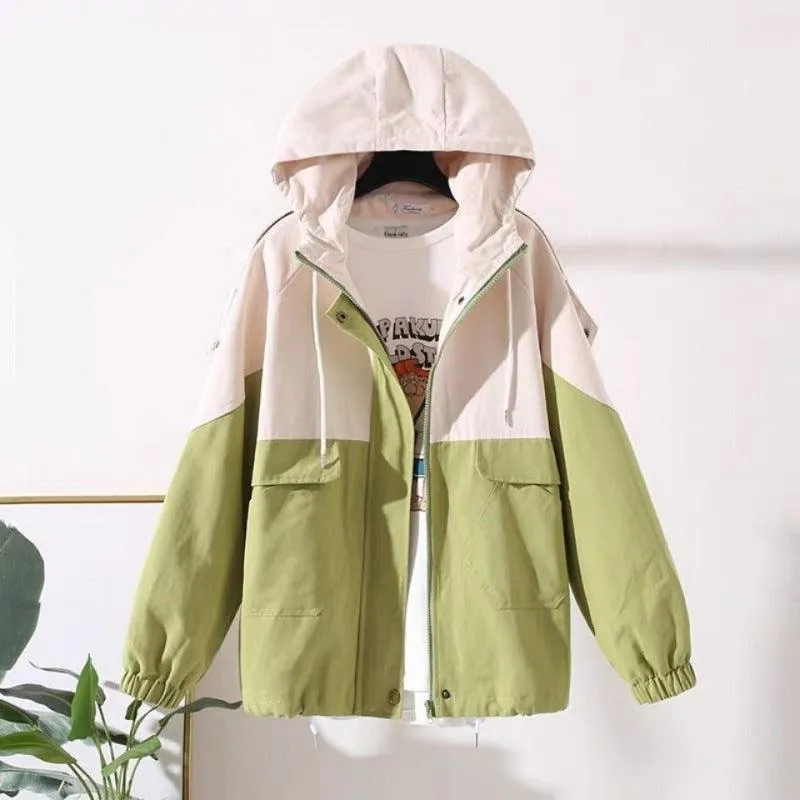 Loose Hooded Color Matching Workwear Ins Jacket