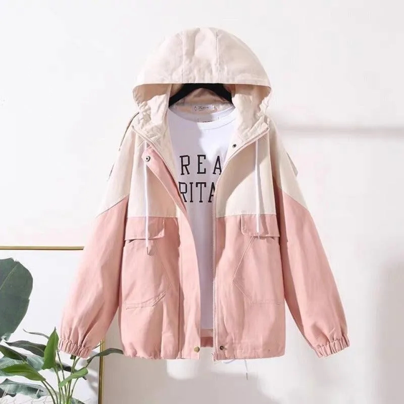 Loose Hooded Color Matching Workwear Ins Jacket